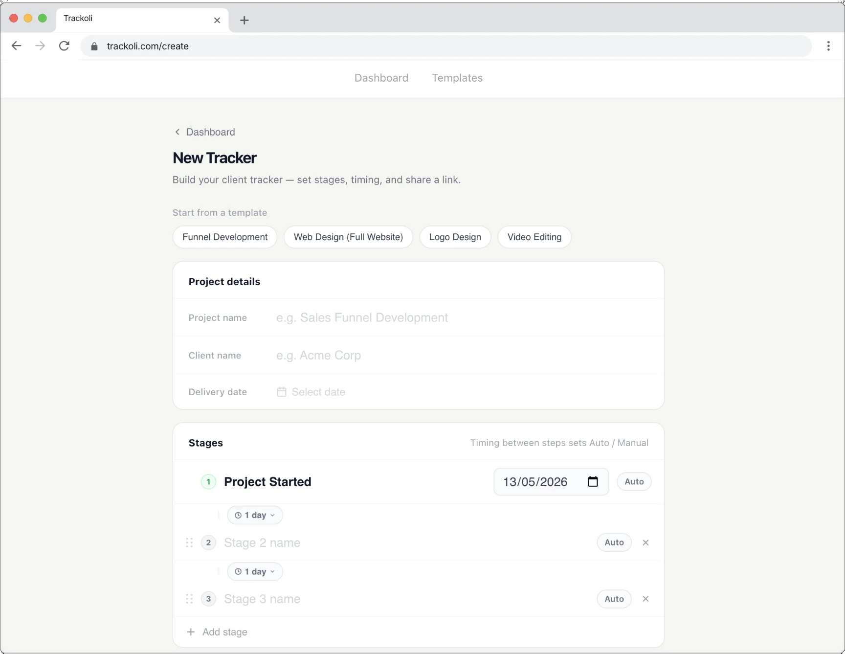Trackoli tracker editor with templates, stage timing and auto/manual toggles